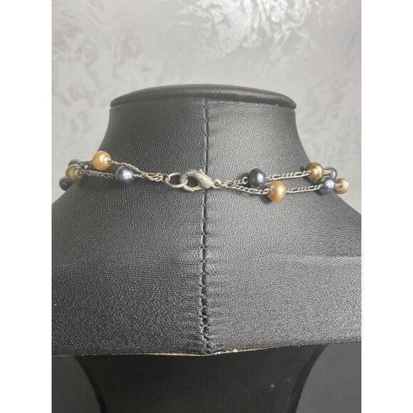 Faux Freshwater Pearl Necklace With Champaign & Blue Pearls - Picture 4 of 4